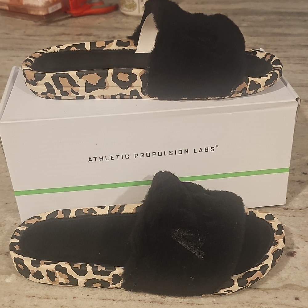 APL Leopard-Trim Black Shearling Slide Sandals